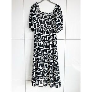 THML Smocked Maxi Dress Puff Sleeve Black White Size XS Art to Wear Lagenlook